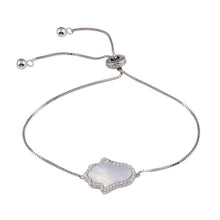 Load image into Gallery viewer, Sterling Silver Rhodium Plated Lariat Side Way Mother of Pearl Hamsa CZ Bracelet - silverdepot