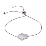 Sterling Silver Rhodium Plated Lariat Side Way Mother of Pearl Hamsa CZ Bracelet