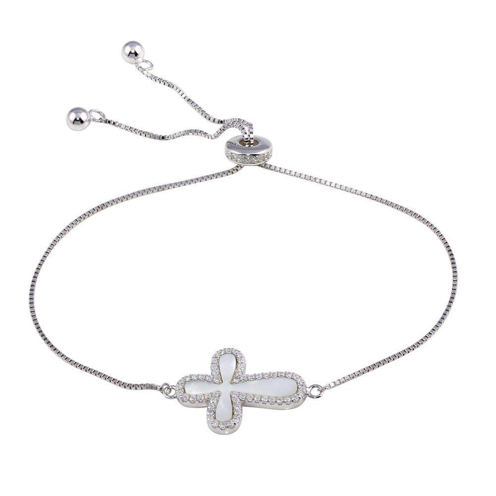 Sterling Silver Rhodium Plated Lariat Side Way Mother of Pearl Cross CZ Bracelet - silverdepot