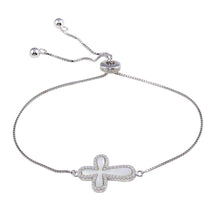 Load image into Gallery viewer, Sterling Silver Rhodium Plated Lariat Side Way Mother of Pearl Cross CZ Bracelet - silverdepot