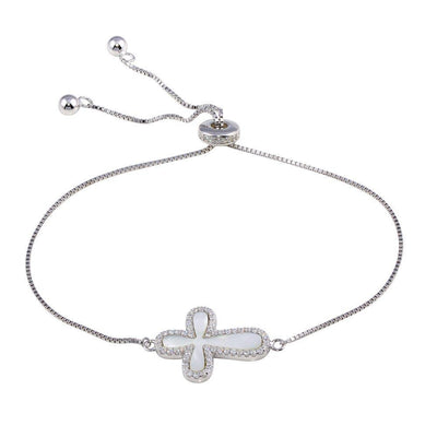 Sterling Silver Rhodium Plated Lariat Side Way Mother of Pearl Cross CZ Bracelet - silverdepot