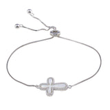Sterling Silver Rhodium Plated Lariat Side Way Mother of Pearl Cross CZ Bracelet