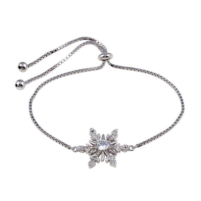 Sterling Silver Rhodium Plated Lariat Snow Flake CZ Bracelet - silverdepot