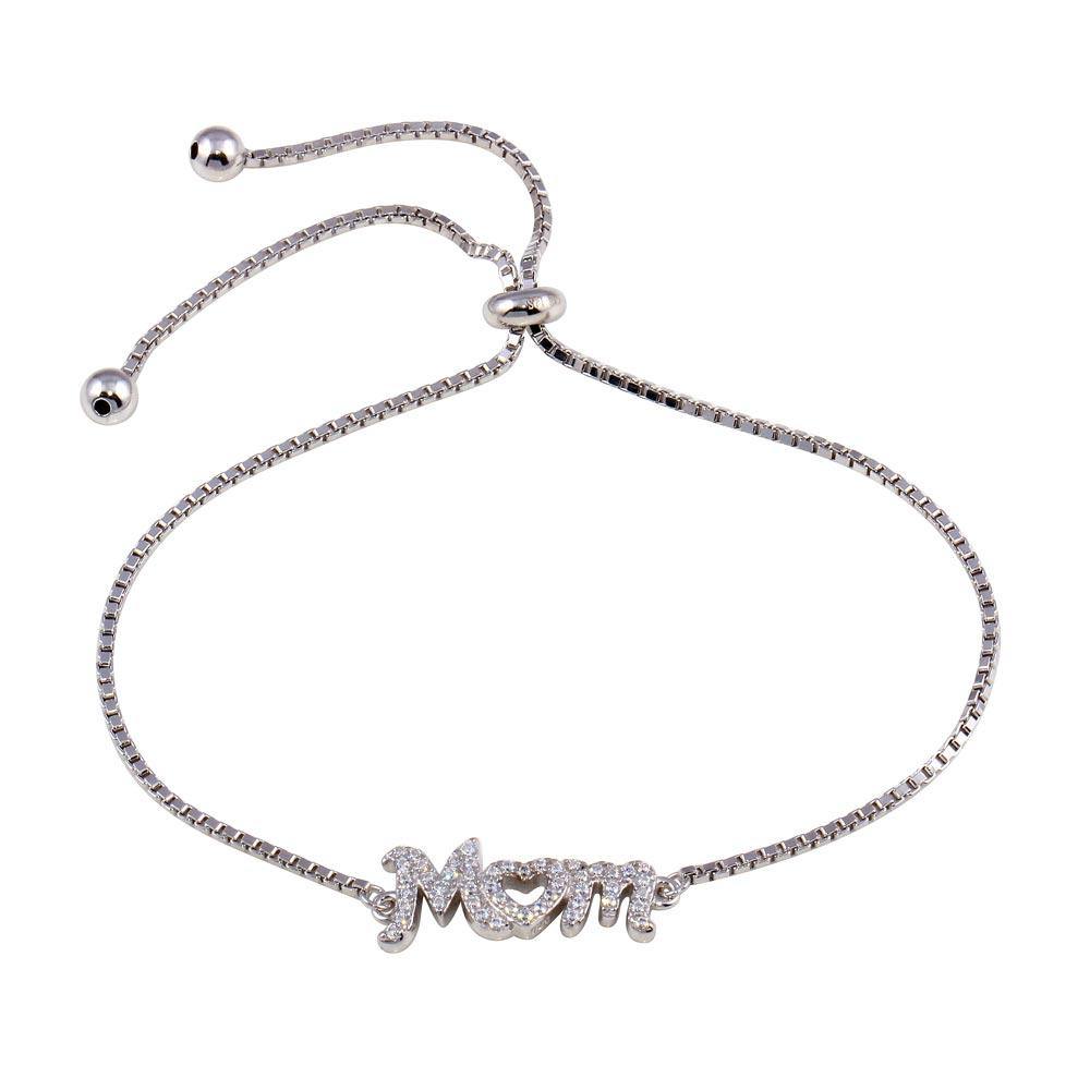 Sterling Silver Rhodium Plated Lariat Mom CZ Bracelet - silverdepot