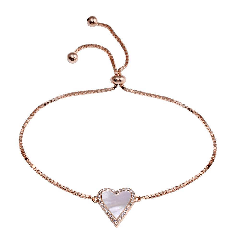Sterling Silver Rose Gold Plated Lariat MOP CZ Heart Bracelet