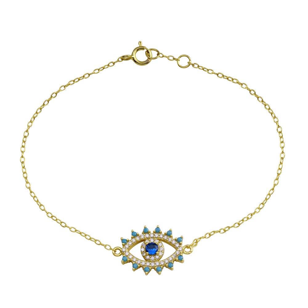 Sterling Silver Gold Plated Evil Eye Blue CZ Heart Bracelet