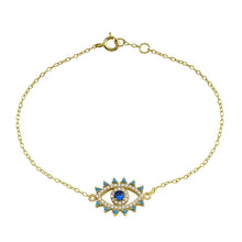 Load image into Gallery viewer, Sterling Silver Gold Plated Evil Eye Blue CZ Heart Bracelet