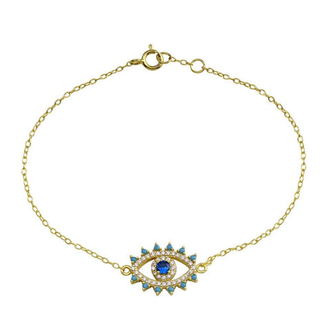 Sterling Silver Gold Plated Evil Eye Blue CZ Heart Bracelet