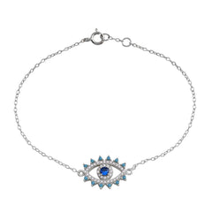 Sterling Silver Rhodium Plated Evil Eye Blue CZ Heart Bracelet