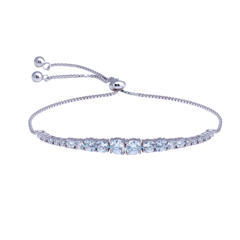 Sterling Silver Rhodium Plated Round CZ Link Adjustable Bracelets