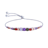 Sterling Silver Rhodium Plated Round Multicolor CZ Link Adjustable Bracelets