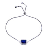 Sterling Silver Rhodium Plated Round Blue And Clear CZ Rectangle Adjustable Bracelet