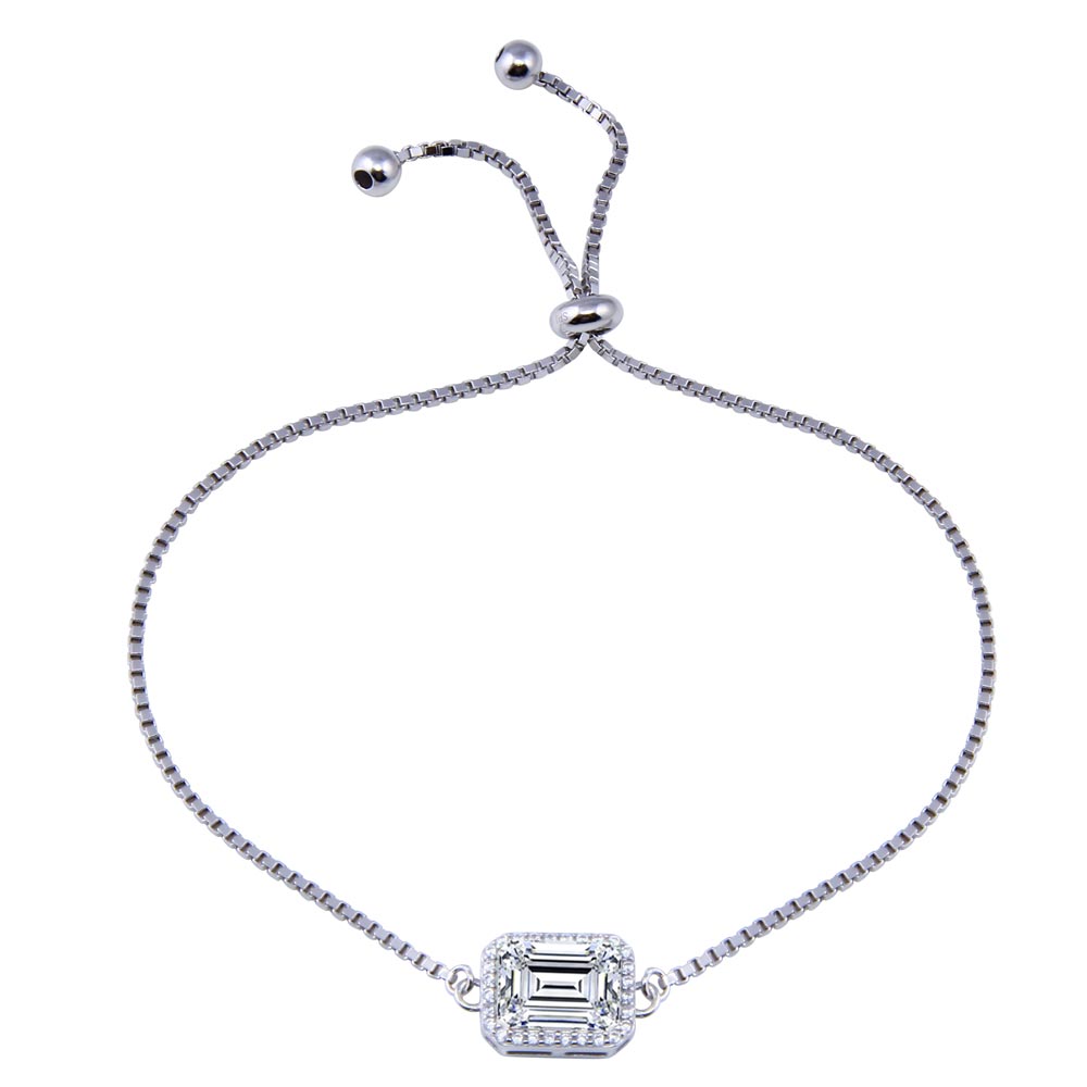 Sterling Silver Rhodium Plated Round Clear CZ Rectangle Adjustable Bracelet