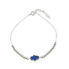 Load image into Gallery viewer, Sterling Silver Rhodium Plated Square Hamsa Bead Blue CZ Adjustable Bracelet