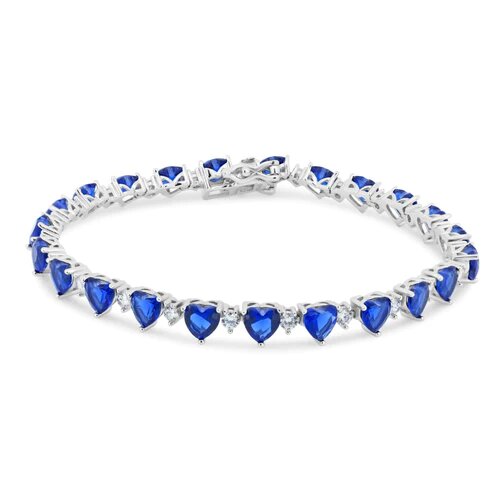 Sterling Silver Rhodium Plated Heart Blue CZ 6mm Tennis Bracelet