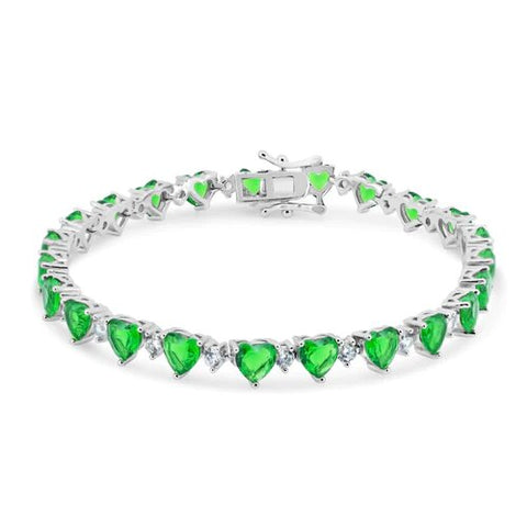 Sterling Silver Rhodium Plated Heart Green CZ 6mm Tennis Bracelet