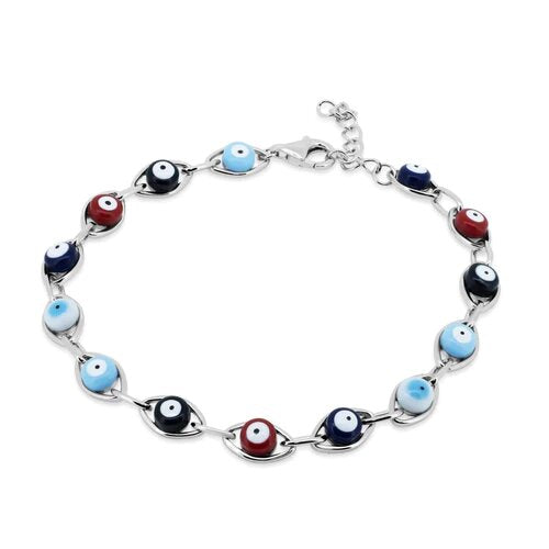 Sterling Silver Rhodium Plated Multicolor Evil Eye Bracelet