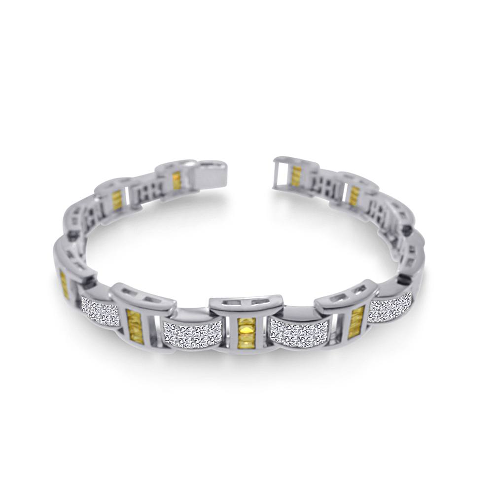 Men's Sterling Silver Rhodium Plated Clear and Yellow CZ Link Bracelet