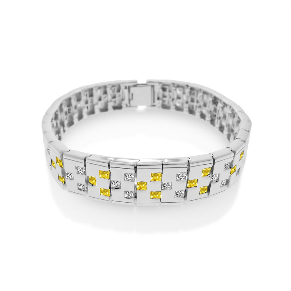 Men's Sterling Silver Rhodium Plated Yellow and Clear CZ Domino Design Bracelet-9"