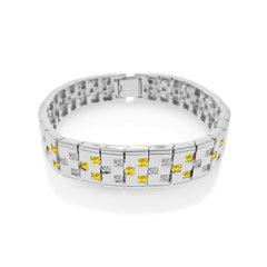 Men's Sterling Silver Rhodium Plated Yellow and Clear CZ Domino Design Bracelet-9