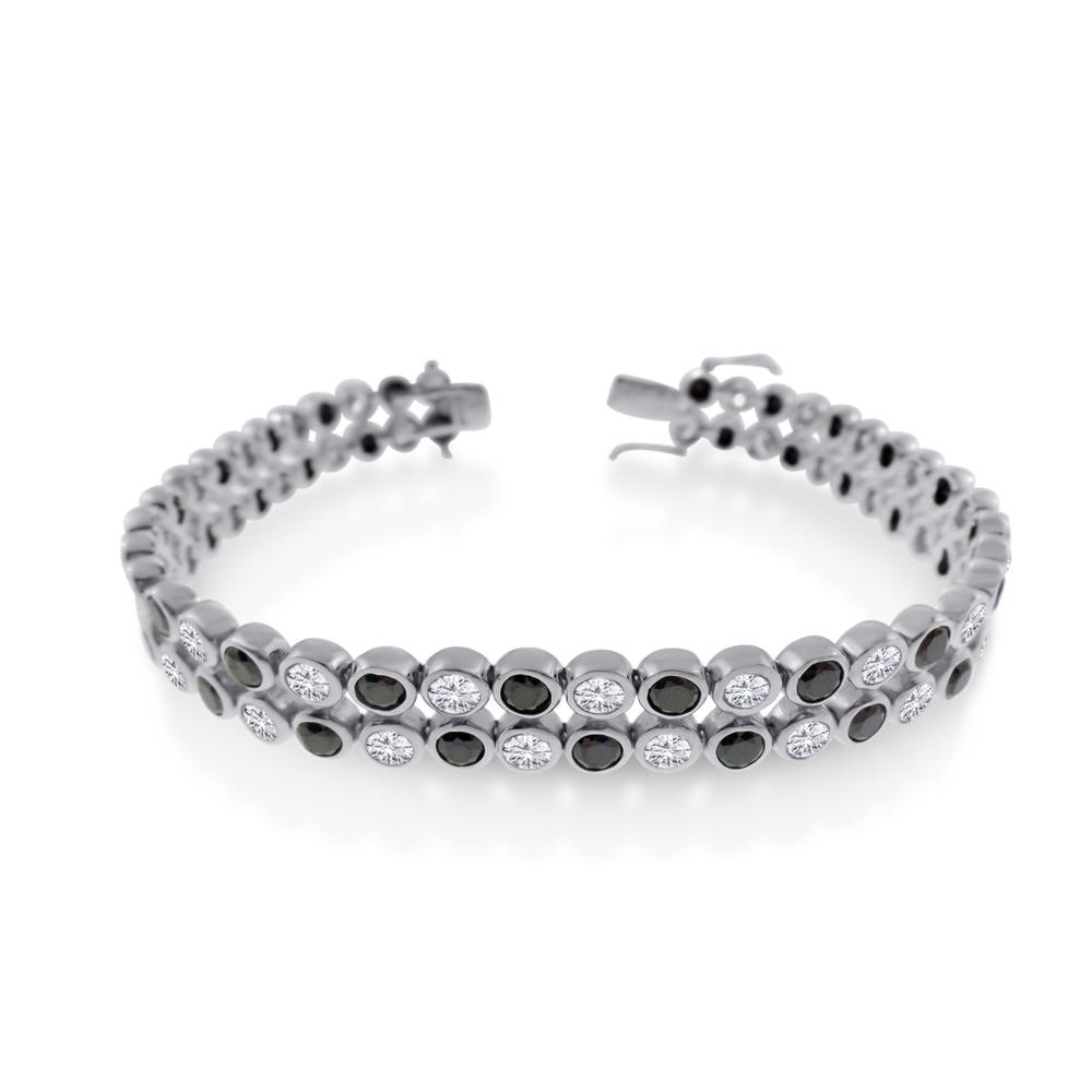 Men's Sterling Silver Rhodium Plated 2 Row Clear and Black CZ Bubble Bracelet