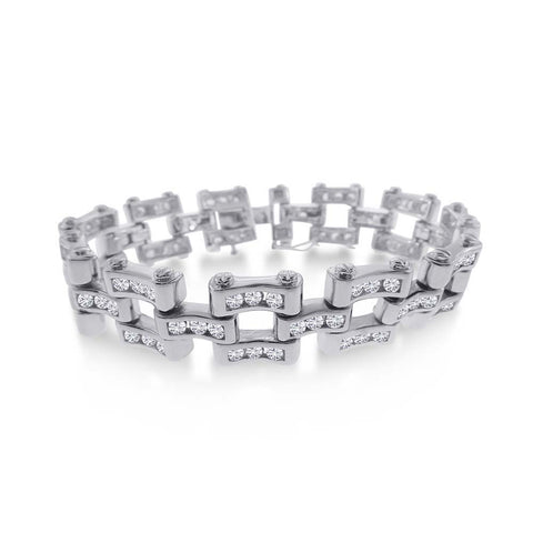 Sterling Silver Rhodium Plated CZ Bike Chain Link Bracelet