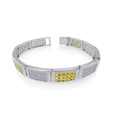 Men's Sterling Silver Rhodium Plated Rectangle Bar Clear and Yellow CZ Link Bracelet-Length 9