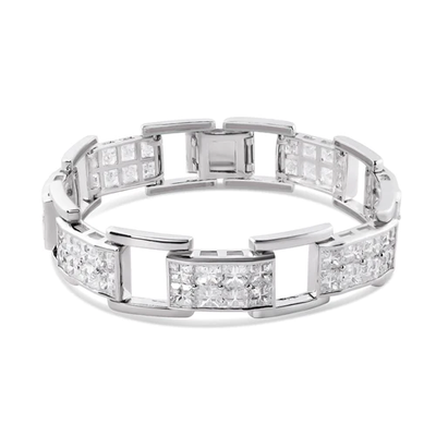 Sterling Silver Rhodium Plated Mens Link Clear Square CZ Studded Hip Hop Bracelet Width-17.2mm