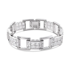 Sterling Silver Rhodium Plated Mens Link Clear Square CZ Studded Hip Hop Bracelet Width-17.2mm