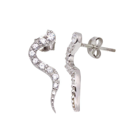 Sterling Silver Rhodium Plated Snake Shaped  Stud Earring With CZ Stones