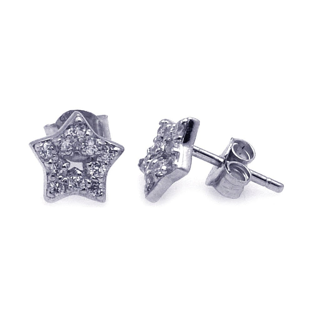 Sterling Silver Rhodium Plated Star Shaped Stud Earrings With CZ Stones