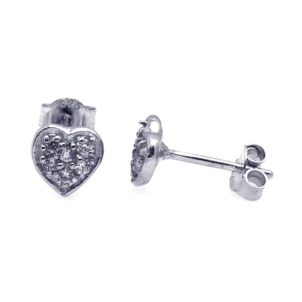 Sterling Silver Rhodium Plated Heart Shaped Stud Earrings With CZ Stones