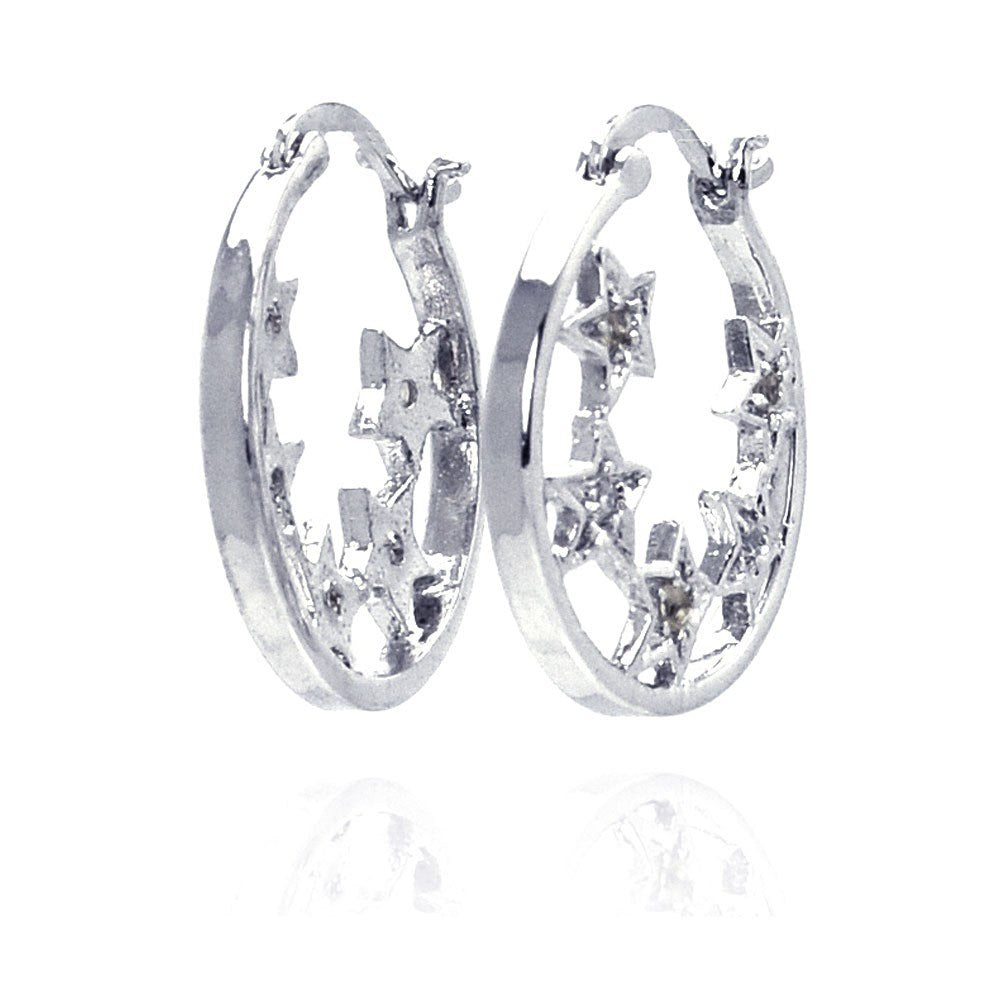 Sterling Silver Rhodium Plated Star Shape Hoop Earrings With CZ Stones