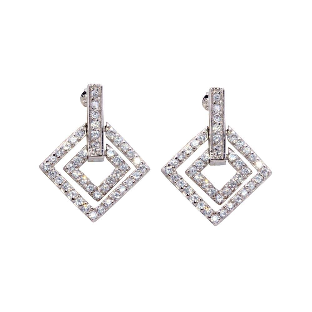 Sterling Silver Classy Micro Paved Double Layered Diamond Shaped Design Dangle Stud Earring