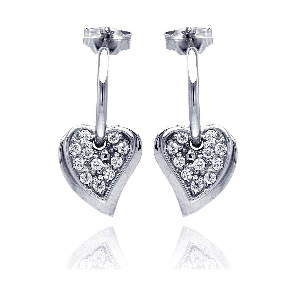 Sterling Silver Trendy Heart Design Embedded with Micro Paved Clear Czs Dangle Stud Earring