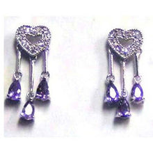 Load image into Gallery viewer, Sterling Silver Modish Paved Heart Design with Hanging Three Pearshaped Amethyst Czs Dangle Stud Earring