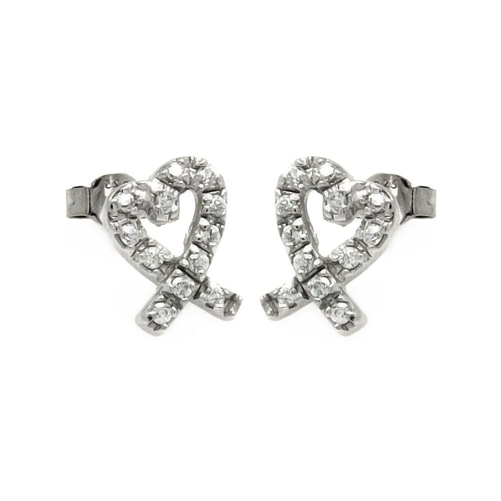 Sterling Silver Rhodium Plated Heart Shape Stud Earrings With CZ Stones