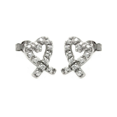 Sterling Silver Rhodium Plated Heart Shape Stud Earrings With CZ Stones