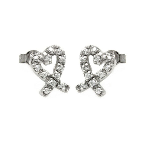 Sterling Silver Rhodium Plated Heart Shape Stud Earrings With CZ Stones