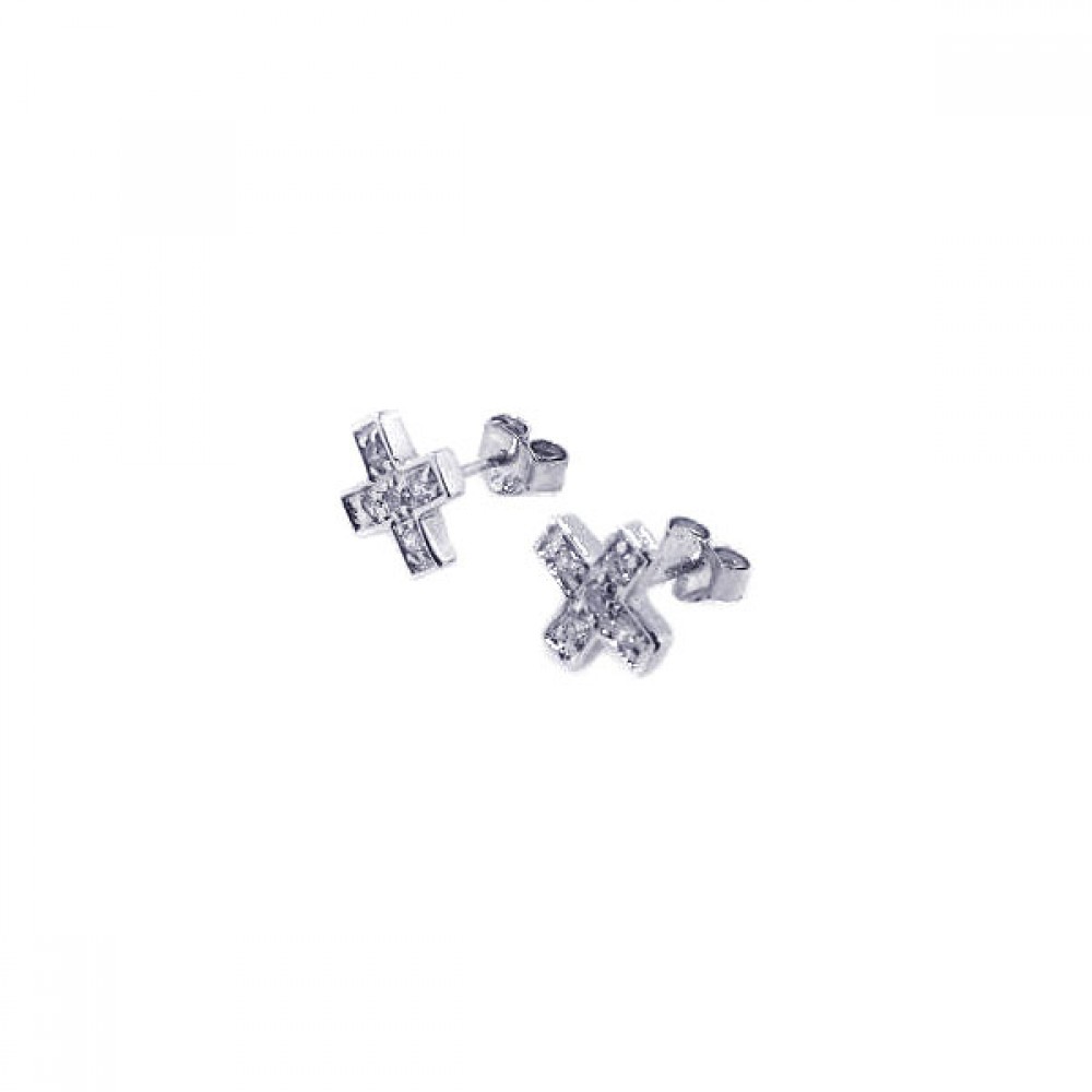 Sterling Silver Modern Paved Cross Design Stud Earring