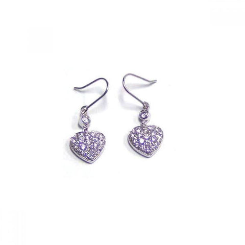 Sterling Silver Modish Micro Paved Heart Design Dangle Hook Earring