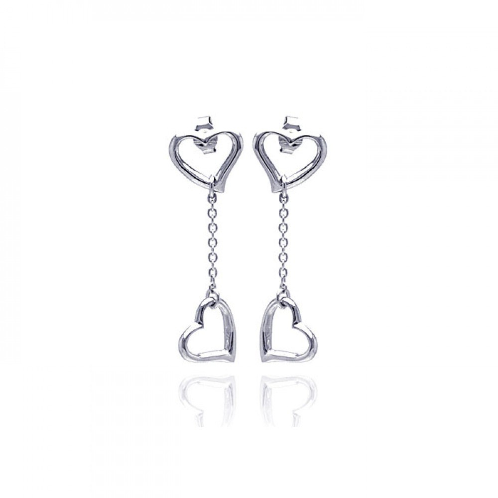 Sterling Silver Two Plain Hearts Design Dangle Stud Earring