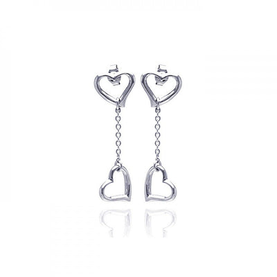 Sterling Silver Two Plain Hearts Design Dangle Stud Earring