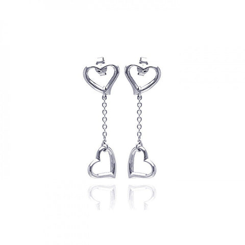 Sterling Silver Two Plain Hearts Design Dangle Stud Earring