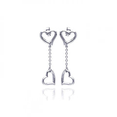 Sterling Silver Two Plain Hearts Design Dangle Stud Earring