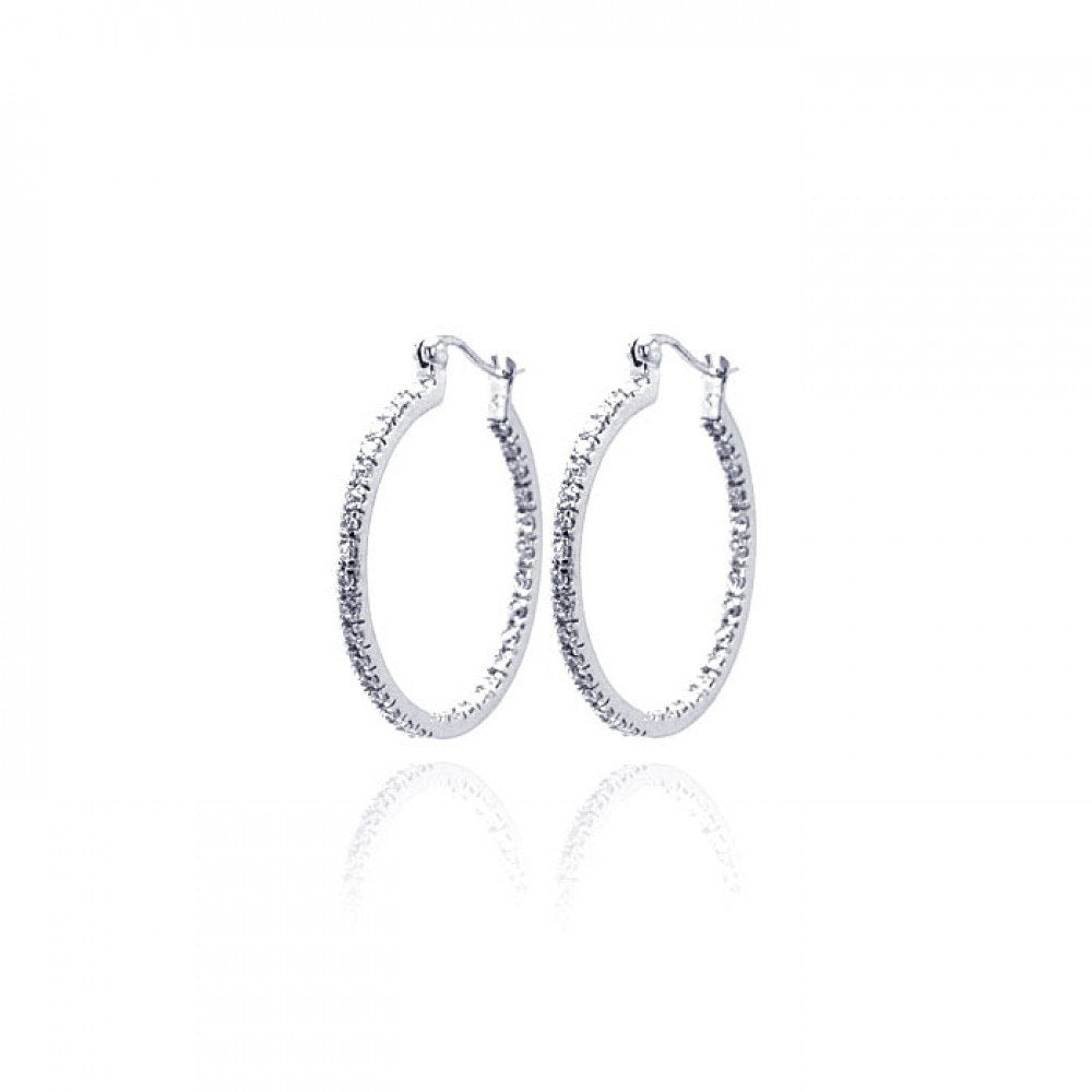 Sterling Silver Rhodium Plated  Hoop Earrings With CZ Stones