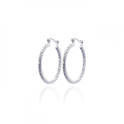 Sterling Silver Rhodium Plated  Hoop Earrings With CZ Stones