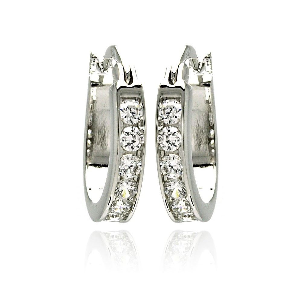 Sterling Silver Rhodium Plated Oval Hoop Earrings With CZ Stones
