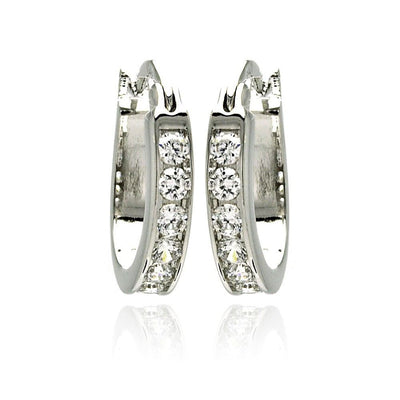 Sterling Silver Rhodium Plated Oval Hoop Earrings With CZ Stones