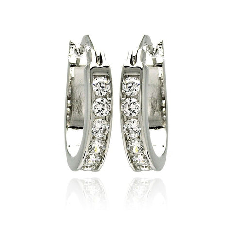 Sterling Silver Rhodium Plated Oval Hoop Earrings With CZ Stones